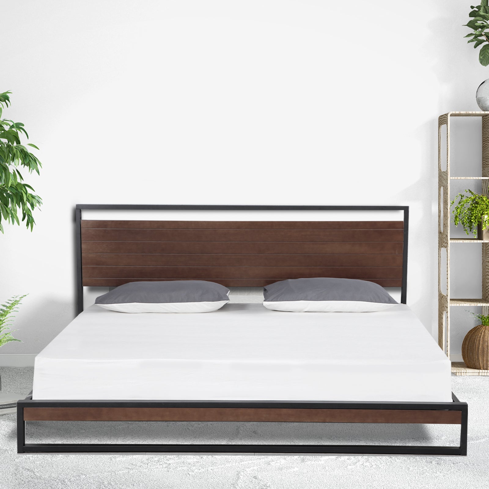 NNEDSZ  Decor  Bed Frame With Headboard Black Wood Steel Platform Bed - Single - Black