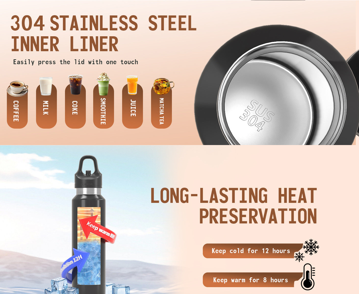 Black 480ml Insulated Stainless Steel Water Bottle - Leakproof One-Click Lid Thermal Flask for Hot & Cold Drinks-4